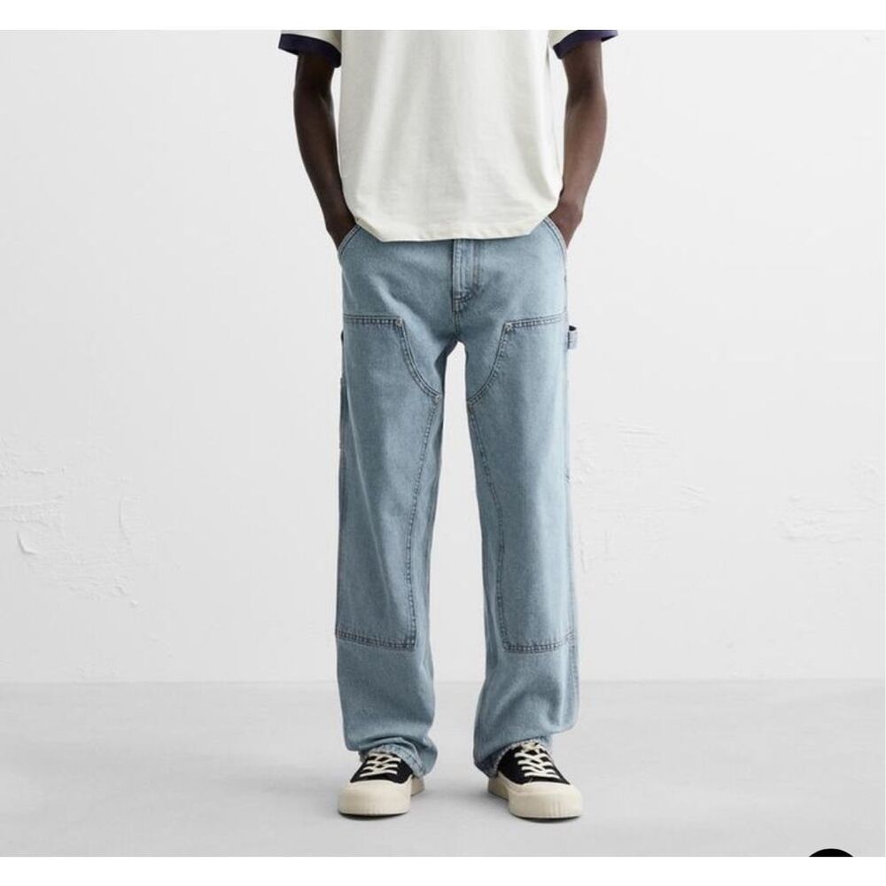 Zara Blue Denim Relaxed Fit Double Knee Carpenter Jeans Medium Wash Size 30